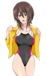 1girl bangs black_swimsuit breasts brown_eyes brown_hair competition_swimsuit cowboy_shot eyebrows_visible_through_hair frown girls_und_panzer highleg highleg_swimsuit jacket large_breasts light_blush long_sleeves looking_at_viewer moekichi nishizumi_maho no_pants one-piece_swimsuit open_clothes open_jacket open_mouth opened_by_self short_hair simple_background solo standing swimsuit thigh_gap thighs wet wet_clothes white_background yellow_jacket 