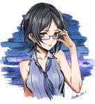  1girl 2016 adjusting_eyewear bangs black_hair blue-framed_eyewear blue_neckwear collarbone cropped_torso dated glasses grey_shirt hayami_kanade idolmaster idolmaster_cinderella_girls infukun looking_at_viewer parted_bangs semi-rimless_eyewear shirt simple_background sketch sleeveless sleeveless_shirt solo under-rim_eyewear upper_body white_background yellow_eyes 