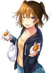  1girl ;d black_jacket blue_shorts breasts brown_eyes brown_hair cleavage collarbone eyebrows_visible_through_hair food hair_between_eyes holding holding_food jacket medium_breasts one_eye_closed open_clothes open_jacket open_mouth original shirt short_hair short_twintails shorts simple_background smile solo standing sweat tan_(tangent) twintails white_background yellow_shirt 
