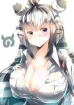  1girl absurdres alternate_breast_size animal_ears bangs black_eyes black_hair blush breast_pocket breasts chapman&#039;s_zebra_(kemono_friends) cleavage commentary_request extra_ears eyebrows_visible_through_hair highres huge_breasts japari_symbol kanzakietc kemono_friends long_hair looking_at_viewer multicolored_hair pocket simple_background solo two-tone_hair upper_body white_background white_hair zebra_ears 