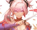  1girl asymmetrical_hair blue_eyes blue_sleeves breasts choker cleavage detached_sleeves earrings eyebrows_visible_through_hair fate/grand_order fate_(series) hair_between_eyes hair_ornament holding holding_sword holding_weapon jewelry large_breasts long_hair long_sleeves looking_at_viewer magatama miyamoto_musashi_(fate/grand_order) saihate_(d3) silver_hair simple_background smile solo sword upper_body weapon white_background 