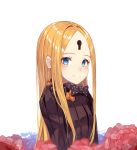  1girl abigail_williams_(fate/grand_order) bangs black_bow black_dress blonde_hair blue_eyes blush bow closed_mouth dress fang fang_out fate/grand_order fate_(series) flower keyhole long_hair no_hat no_headwear orange_bow parted_bangs polka_dot polka_dot_bow red_flower smile solo sugar_(dndi888) upper_body very_long_hair white_background 
