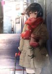  1girl bare_tree black_hair blurry breath brown_coat brown_eyes city coat cold covered_mouth depth_of_field gloves holding holding_pot lamppost looking_to_the_side original plant potted_plant power_lines red_gloves red_scarf road rolling_suitcase scarf short_hair snowing solo street tai_(user_wvjf5284) traffic_light tree winter winter_clothes winter_coat 