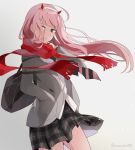  1girl aka_red8547 bag black_bag blazer cowboy_shot darling_in_the_franxx dress_shirt floating_hair green_eyes grey_background hairband hand_in_pocket holding holding_bag horns jacket long_hair looking_at_viewer miniskirt necktie open_blazer open_clothes open_jacket pink_hair pleated_skirt red_scarf scarf school_bag school_uniform shirt simple_background skirt solo standing striped striped_neckwear twitter_username very_long_hair white_hairband white_shirt zero_two_(darling_in_the_franxx) 