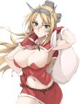  1girl armpits bell belt blonde_hair blue_eyes breasts cleavage commentary_request cropped_jacket fur_trim headgear kantai_collection large_breasts long_hair midriff miniskirt mistletoe navel necktie nelson_(kantai_collection) sack santa_costume skirt solo thigh-highs white_background zekkyon 