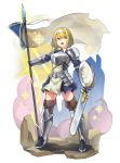  1girl absurdres armor armored_dress artist_request blonde_hair blue_eyes fantasy greaves headband highres holding holding_sword holding_weapon knight lance original pauldrons polearm shield short_hair solo sword weapon 