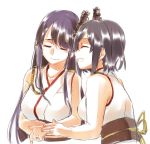  2girls aiguillette bare_shoulders black_hair breasts closed_eyes closed_mouth collarbone commentary epaulettes eyebrows_visible_through_hair fingernails fusou_(kantai_collection) hair_ornament japanese_clothes jewelry kantai_collection long_hair medium_hair multiple_girls nontraditional_miko obi ring sagamiso sash simple_background sleeveless smile upper_body wedding_band white_background yamashiro_(kantai_collection) 