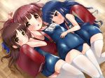  &gt;:( 3girls :o arm_up backpack bag bangs bare_arms bare_shoulders blue_bow blue_hair blue_swimsuit blunt_bangs blush bow breasts brown_eyes brown_hair closed_mouth collarbone commentary_request covered_navel eyebrows_visible_through_hair flat_chest frown hair_bow half_updo highres idolmaster idolmaster_cinderella_girls kuroba_aki long_hair looking_at_viewer looking_to_the_side lying medium_breasts multiple_girls name_tag ogata_chieri old_school_swimsuit on_back on_floor on_side one-piece_swimsuit parted_bangs parted_lips randoseru red_eyes sajou_yukimi school_swimsuit smile swimsuit tachibana_arisu thigh-highs twintails very_long_hair white_legwear 