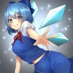  1girl bangs blue_bow blue_eyes blue_hair blue_skirt blue_vest blush bow breasts cirno collared_shirt eyebrows_visible_through_hair grin hair_between_eyes hair_bow highres ice ice_wings leaning_forward neck_ribbon outstretched_arm red_ribbon ribbon shirt skirt small_breasts smile solo touhou v-shaped_eyebrows vest wings yayoimaka03 