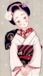  1girl black_hair grey_background japanese_clothes kimono makita_haruka nihongami obi original sash white_kimono 