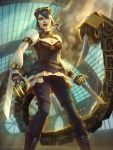 1girl black_hair blade boots breasts claws cleavage gloves goggles goggles_on_head hair_bun jon_neimeister lipstick makeup official_art serqet smite solo steampunk tail yellow_eyes 