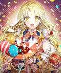  1girl :d balloon bang_dream! bangs blonde_hair blue_neckwear blush bow bowtie commentary cropped_jacket detached_collar earrings eyebrows_visible_through_hair flag floating_hair gambe glint gloves glowing hair_bow hat heart holding holding_hat holding_wand jacket jewelry lace_trim light long_hair looking_at_viewer low_twintails magic michelle_(bang_dream!) open_clothes open_jacket open_mouth outstretched_arm red_bow red_neckwear smile solo star star_earrings striped striped_neckwear top_hat tsurumaki_kokoro twintails upper_body wand white_bow white_gloves yellow_eyes 
