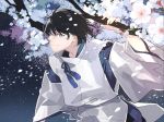  1boy black_hair blue_eyes branch detached_sleeves flower japanese_clothes kyouichi looking_at_viewer male_focus petals solo standing upper_body wide_sleeves 