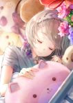  1girl :3 absurdres blue_bow blurry blurry_foreground bow braid briar_rose_(sinoalice) closed_eyes commentary_request depth_of_field dutch_angle facing_viewer flower grey_hair grey_shirt hair_bow highres hoshizaki_reita leaf lying on_side pink_flower shirt short_sleeves signature sinoalice sleeping smile solo 