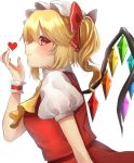  1girl ascot blonde_hair blush bow breasts closed_mouth crystal flandre_scarlet hair_bow hand_up hat heart highres leaning_forward long_hair mob_cap one_side_up profile puffy_short_sleeves puffy_sleeves red_bow red_eyes red_skirt red_vest shirt short_sleeves simple_background skirt small_breasts smile solo touhou vest white_background white_hat white_shirt wings wrist_cuffs yayoimaka03 yellow_neckwear 