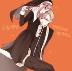  1boy 1girl :d bad_id bad_pixiv_id black_jacket black_pants blonde_hair blue_eyes chisumi copyright_request cross cross_necklace english fingernails habit hand_up happy_halloween heart jacket jewelry latin_cross long_sleeves looking_at_viewer nail_polish necklace nun open_mouth orange_background pants pink_hair pink_nails priest simple_background smile standing veil violet_eyes 
