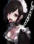  1girl absurdres black_background black_choker black_dress black_hair blank_eyes breasts chains choker doku-chan_(dokkudokudoku) dress ear_piercing hair_over_one_eye highres looking_at_viewer maid_headdress medium_breasts open_mouth original piercing short_hair simple_background solo tongue tongue_out upper_body 
