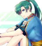  1girl earrings fingerless_gloves fire_emblem fire_emblem:_rekka_no_ken gloves green_eyes green_hair high_ponytail jewelry kazame long_hair looking_at_viewer lyndis_(fire_emblem) nintendo pelvic_curtain ponytail side_slit solo taiga_kazame white_background 