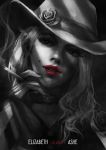  1girl absurdres alternate_costume alternate_headwear ashe_(overwatch) asymmetrical_hair between_fingers character_name choker cigarette close-up commentary english_commentary eyelashes fedora film_noir flower greyscale hat hat_flower highres lipstick makeup medium_hair mobster_ashe mole_above_mouth monochrome monori_rogue overwatch red_eyes smoking solo spot_color white_hair 
