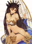  1girl animal anklet bandeau bangs bare_shoulders black_gloves black_hair black_legwear black_panties black_ribbon breasts cleavage collarbone commentary_request earrings elbow_gloves fate/grand_order fate_(series) gloves hair_ribbon highres hoop_earrings ishtar_(fate/grand_order) jewelry kamikakushi_no_ocarino large_breasts lion long_hair looking_down navel no_pants open_mouth panties parted_bangs red_eyes revealing_clothes ribbon seiza single_glove single_thighhigh sitting solo strap_pull thigh-highs tiara twintails underwear very_long_hair 