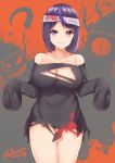  1girl 2018 bandage bare_shoulders black_dress black_panties breasts cleavage closed_mouth copyright_request covered_nipples cowboy_shot dress eyebrows_visible_through_hair halloween kuavera large_breasts looking_at_viewer panties purple_hair short_hair signature sleeves_past_fingers sleeves_past_wrists smile solo standing torn_clothes underwear violet_eyes 