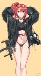  1girl ahoge arms_behind_head baggy_clothes bangs bikini black_bikini black_coat blush body_writing breasts candy choker coat collarbone eyewear_on_head food gas_mask girls_frontline gun h&amp;k_mp7 hair_ornament heckler_&amp;_koch highleg_swimsuit highres jewelry lollipop looking_at_viewer mp7_(girls_frontline) navel necklace object_namesake orange_background pink_hair signature solo sports_bikini stomach strap submachine_gun swimsuit tinted_eyewear twitter_username unzipped vvy weapon yellow_eyes 