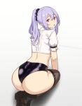  1girl ass back bangs black_panties boots hair_between_eyes hips houtengeki lavender_hair long_hair looking_at_viewer looking_back midriff open_mouth original panties pointy_ears ponytail red_eyes scrunchie seiza shirt short_sleeves sidelocks simple_background sitting solo thigh-highs thighs underwear white_background white_shirt 