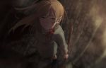  1girl blood bloody_clothes braid brown_eyes closed_mouth dress e7_(runaway162) foreshortening from_above full_body grey_dress hair_ribbon light_brown_hair long_hair long_sleeves looking_at_viewer looking_up original red_ribbon ribbon solo standing 