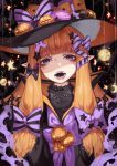  1girl bangs black_bow black_cat black_hat black_stripes blunt_bangs bow cat commentary_request doku-chan_(dokkudokudoku) fangs food half-closed_eyes halloween hat highres horizontal_stripes jack-o&#039;-lantern lips long_hair looking_at_viewer macaron original parted_lips pointy_ears print_bow pumpkin purple_bow solo star star_print striped striped_bow tongue tongue_out violet_eyes 