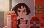  1girl :/ asymmetrical_bangs backlighting bangs black_choker black_eyes black_hair blank_stare blurry bob_cut bowl box choker day depth_of_field frown jewelry leon_the_professional looking_at_viewer mathilda_lando milk_carton mona_(h-rabbit) pendant short_hair solo sunlight 