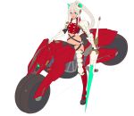  1girl bangs black_panties blue_eyes boots breasts cigarette gauntlets grey_hair ground_vehicle hair_between_eyes highres holding holding_weapon horns lance long_hair looking_at_viewer medium_breasts motor_vehicle motorcycle mouth_hold nagisa_kurousagi navel original panties polearm ponytail revealing_clothes simple_background solo standing thigh-highs thigh_boots underwear weapon white_background 