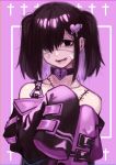  1girl bandage_on_face bangs bare_shoulders black_choker black_eyes choker cross doku-chan_(dokkudokudoku) hair_over_one_eye highres long_sleeves looking_at_viewer open_mouth original purple_background shiny shiny_hair solo stitches teeth twintails white_eyepatch 