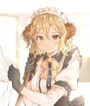  1girl bangs black_gloves black_skirt blonde_hair blush bow breasts brown_eyes center_frills closed_mouth collared_shirt commentary_request cpqm curled_horns eyebrows_visible_through_hair frills gloves hair_between_eyes hands_up high-waist_skirt highres holding horns long_hair looking_at_viewer maid maid_headdress medium_breasts orange_bow original puffy_short_sleeves puffy_sleeves shirt short_sleeves skirt solo upper_body white_shirt 