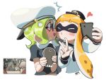  ... /\/\/\ 4girls bangs blunt_bangs blush_stickers cellphone crown dated domino_mask glasses green_hair hat heart hime_(splatoon) iida_(splatoon) inkling kiss looking_at_another mask microphone mini_crown multiple_girls nintendo octoling open_mouth orange_hair phone self_shot signature smartphone splatoon splatoon_(series) splatoon_2 spoken_ellipsis sweatdrop tentacle_hair thick_eyebrows violet_eyes w waterkuma white_hat 