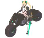  1girl bangs black_panties blonde_hair blue_eyes boots breasts cigarette gauntlets ground_vehicle hair_between_eyes highres holding holding_weapon horns lance long_hair looking_at_viewer medium_breasts motor_vehicle motorcycle mouth_hold nagisa_kurousagi navel original panties polearm ponytail revealing_clothes simple_background solo standing thigh-highs thigh_boots underwear weapon white_background 