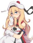  armband belt beret blonde_hair blue_eyes blush breasts cleavage commentary dress gloves hair_between_eyes hat kantai_collection long_hair mole mole_under_eye multicolored multicolored_clothes multicolored_dress multicolored_gloves multicolored_scarf pom_pom_(clothes) richelieu_(kantai_collection) scarf strapless strapless_dress tiasis white_background white_hat 