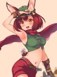  1girl :d animal_ear_fluff animal_ears armpits arrow bangs bare_shoulders black_gloves blush bow_(weapon) breasts bunny_hair_ornament bustier cabbie_hat calm_mashiro cosplay crop_top ears_through_headwear eyebrows_visible_through_hair gloves goggles goggles_on_headwear green_hat green_shirt hair_ornament hat hound_(sekaiju) looking_at_viewer medium_breasts midriff navel open_mouth partly_fingerless_gloves quiver rabbit_ears ranger_(sekaiju) ranger_(sekaiju)_(cosplay) red_scarf red_shorts redhead salute scarf sekaiju_no_meikyuu shirt shorts sideboob smile solo weapon yellow_eyes 