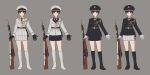  1girl bayonet black_footwear black_gloves black_jacket black_skirt blue_eyes boots bright_pupils brown_hair closed_mouth collared_shirt commentary_request epaulettes genso gloves grey_background grey_gloves grey_jacket grey_shirt grey_skirt gun hat highres jacket knee_boots looking_at_viewer military military_hat military_uniform multiple_views necktie original peaked_cap pleated_skirt pose red_neckwear rifle shirt short_hair simple_background skirt smile uniform weapon white_footwear wing_collar 