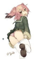  1girl ass bangs black_hair blush brown_footwear colored_tips eyebrows_visible_through_hair goekawa green_jacket hair_between_eyes highres jacket kantai_collection kunashiri_(kantai_collection) long_sleeves looking_at_viewer messy_hair multicolored_hair open_mouth panties pantyhose pantyhose_pull pink_hair pleated_skirt school_uniform serafuku shoes short_hair simple_background skirt solo striped striped_panties two-tone_hair two_side_up underwear white_background white_legwear 