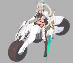  1girl absurdres bangs black_panties blue_eyes boots breasts cigarette gauntlets grey_hair ground_vehicle hair_between_eyes highres holding holding_weapon horns lance long_hair looking_at_viewer medium_breasts motor_vehicle motorcycle mouth_hold nagisa_kurousagi navel original panties polearm ponytail revealing_clothes simple_background solo standing thigh-highs thigh_boots underwear weapon 