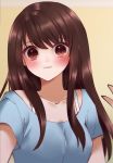  1girl :3 absurdres atobesakunolove blue_shirt blurry blurry_foreground blush bra_strap brown_eyes brown_hair closed_mouth d.va_(overwatch) depth_of_field eyebrows_visible_through_hair grey_background highres long_hair looking_at_viewer overwatch school_uniform serafuku shirt short_sleeves smile solo upper_body 