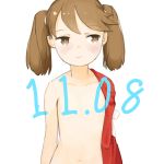  1girl 3: closed_mouth co_botan collarbone commentary_request dated half-closed_eyes highres kantai_collection medium_hair navel no_nipples ryuujou_(kantai_collection) short_twintails sideways_glance simple_background sketch slit_pupils solo twintails upper_body white_background white_pupils 
