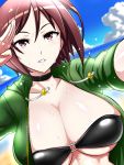  1girl breasts brown_eyes brown_hair choker cleavage curvy highres large_breasts okyou plump self_shot short_hair solo sweat the_king_of_fighters whip_(kof) 
