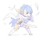  1boy absurdres alfonse_(fire_emblem) armor belt blue_eyes blue_hair boots breastplate cape chibi fighting_stance fire_emblem fire_emblem_heroes full_body hair_ornament highres holding holding_sword holding_weapon male_focus metal_boots nagisa_kurousagi nintendo pants shield simple_background solo standing sword torn_cape torn_clothes weapon white_background white_cape white_footwear 