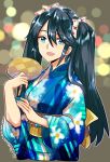  1girl :d alternate_costume blue_eyes blue_hair blue_kimono blurry bokeh commentary cropped_torso depth_of_field eyebrows_visible_through_hair fan hair_between_eyes hair_over_shoulder hair_ribbon holding holding_fan isuzu_(kantai_collection) japanese_clothes kantai_collection kimono long_hair long_sleeves looking_at_viewer obi open_mouth paper_fan ribbon sagamiso sash smile solo twintails twitter_username uchiwa white_ribbon wide_sleeves yellow_sash 