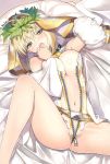  1girl absurdres ahoge arm_up armpits ass_visible_through_thighs bangs bare_shoulders bed_sheet belt belt_buckle blonde_hair blush breasts bridal_veil buckle center_opening chains clenched_hand detached_collar detached_sleeves eyebrows_visible_through_hair eyes_visible_through_hair fate/extra fate/extra_ccc fate_(series) flower from_above gloves green_eyes groin groin_tendon hair_between_eyes hair_intakes hand_to_own_mouth hand_up head_tilt head_wreath highres indoors knee_up large_breasts leaf legs leotard lock looking_at_viewer loose_belt lying navel nero_claudius_(bride)_(fate) nero_claudius_(fate)_(all) on_back on_bed open_clothes open_mouth padlock pillow puffy_detached_sleeves puffy_sleeves ribbon_trim scan shiny shiny_skin sidelocks solo spread_legs tanaka_takayuki thong_leotard tied_hair unzipped veil white_leotard white_sleeves wide_sleeves zipper zipper_pull_tab 