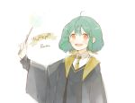  1girl ;d ahoge alternate_costume character_name green_hair harry_potter hogwarts_school_uniform hufflepuff lrul macross macross_frontier necktie one_eye_closed open_mouth ranka_lee red_eyes robe school_uniform short_hair smile solo wand 