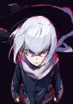  1boy angry anti_(ssss.gridman) black_background bob_cut clenched_hands closed_mouth flame_print from_above gakuran highres looking_at_viewer male_focus red_eyes scarf school_uniform silver_hair simple_background solo ssss.gridman tama_(tama-s) 