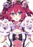  1girl :o absurdres bangs black_bow blue_eyes blush bow breasts commentary_request earrings eyebrows_visible_through_hair frills gloves hair_between_eyes hair_bow hair_ornament hands_up heart heart_earrings heart_hair_ornament highres jewelry kurosawa_ruby love_live! love_live!_sunshine!! mashiro_(rikuya) parted_lips paw_gloves paws purple_bow redhead short_sleeves simple_background small_breasts solo upper_body upper_teeth white_background 