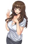  1girl :d breasts brown_hair cleavage hand_up highres large_breasts long_hair looking_at_viewer mature open_mouth original pose pyea shirt smile standing t-shirt v violet_eyes white_background 